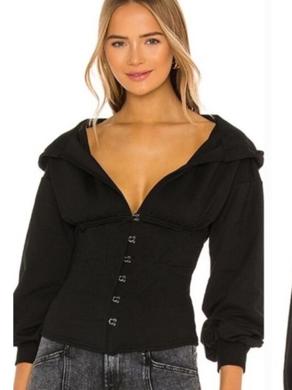 superdown Black Hooded Button-Front Corset Sweatshirt
